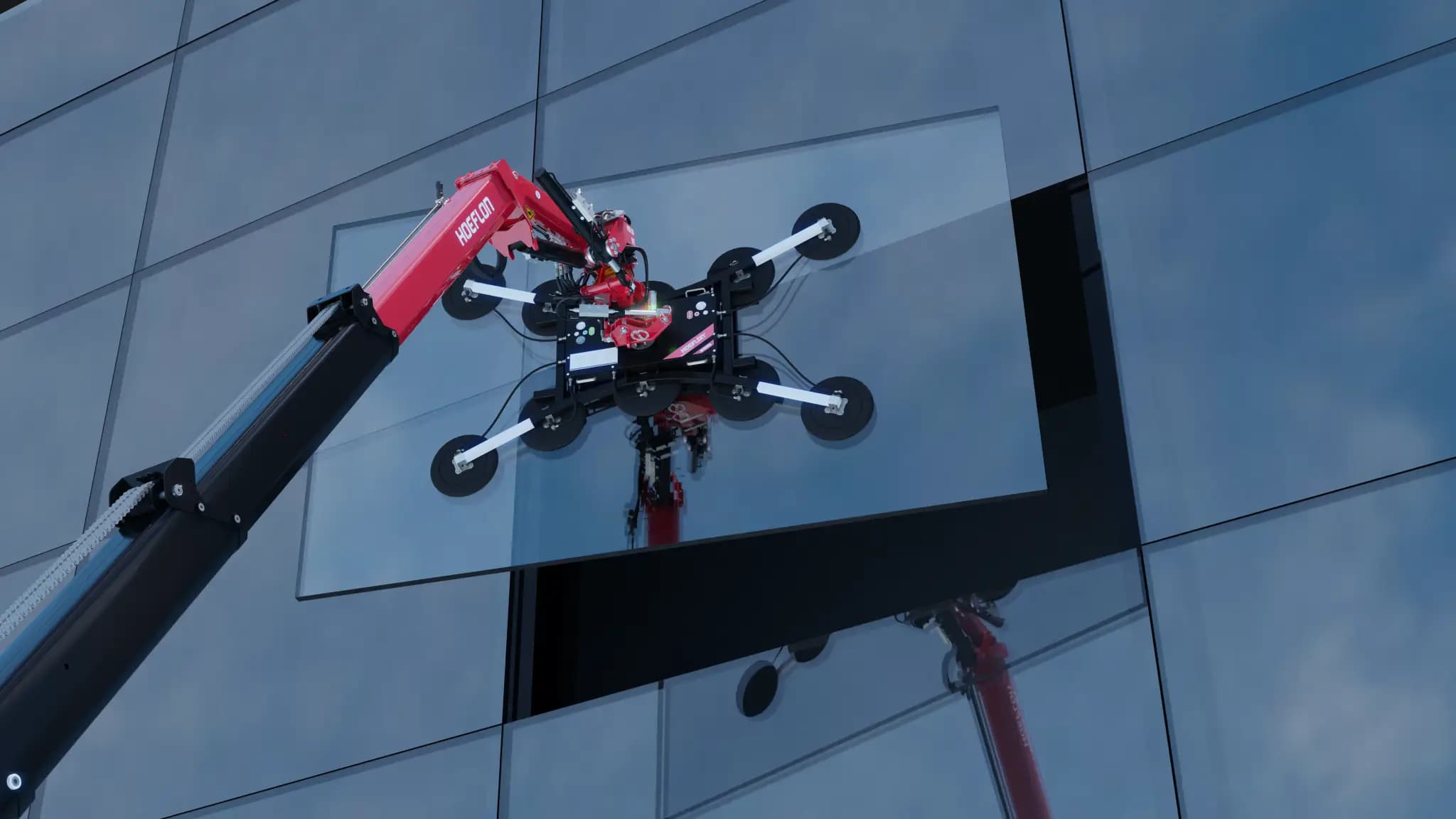 Hoeflon Kran mit Glassauger platziert Glas an einem Gebäude.