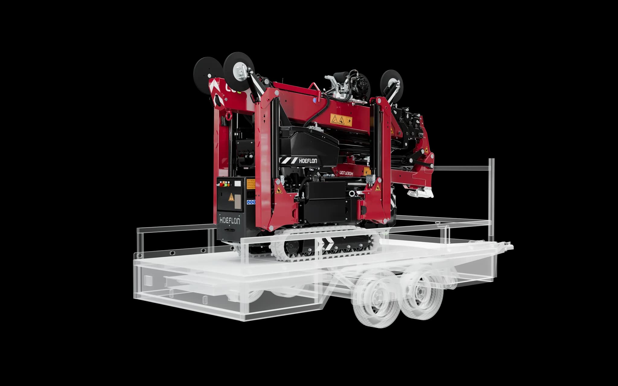 C6e auf Anhänger mit der Maschine in gefalteter Position.