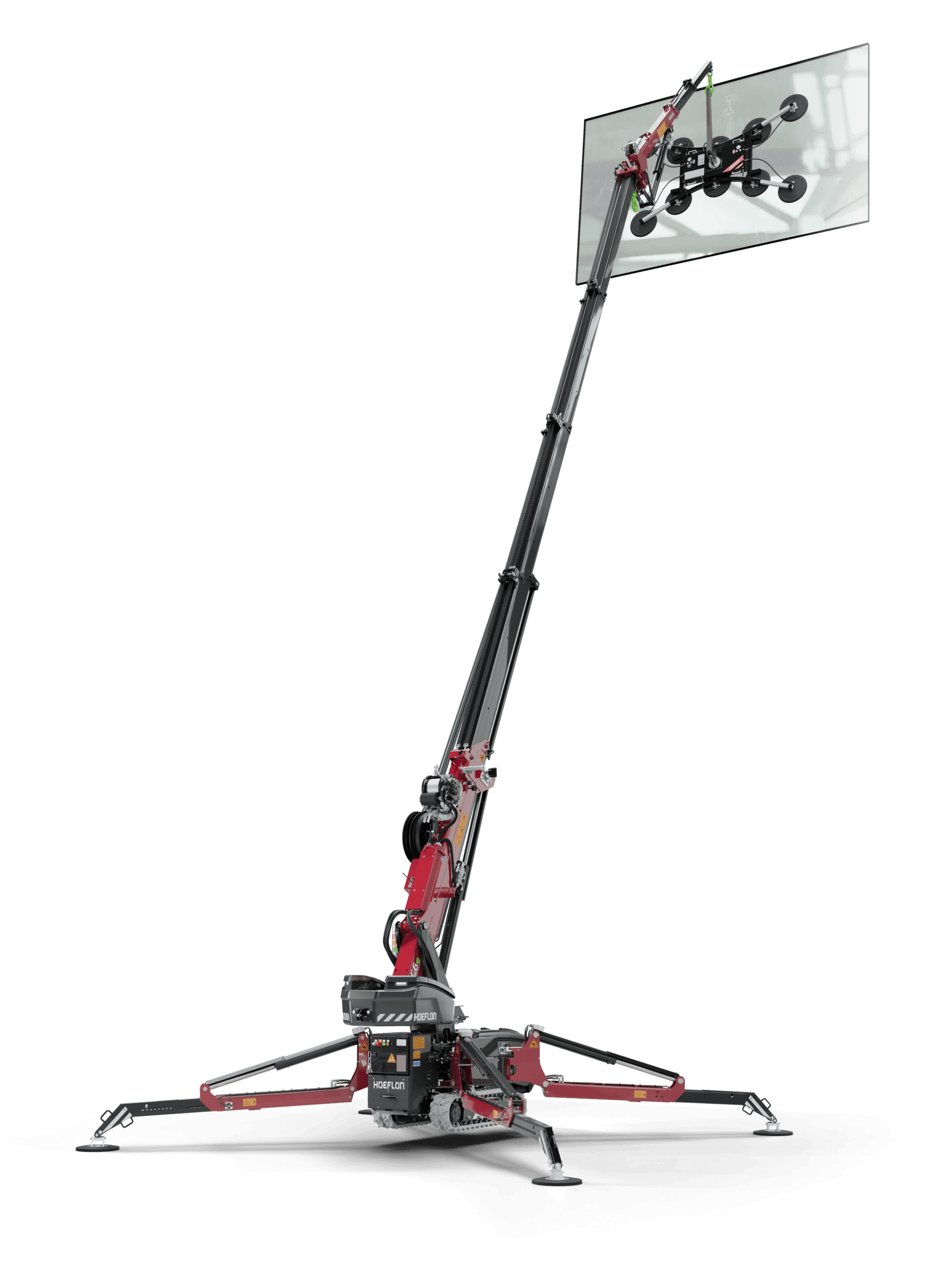 C6e Kran mit Glaslifter, der eine Glasscheibe hebt, in Arbeitsposition