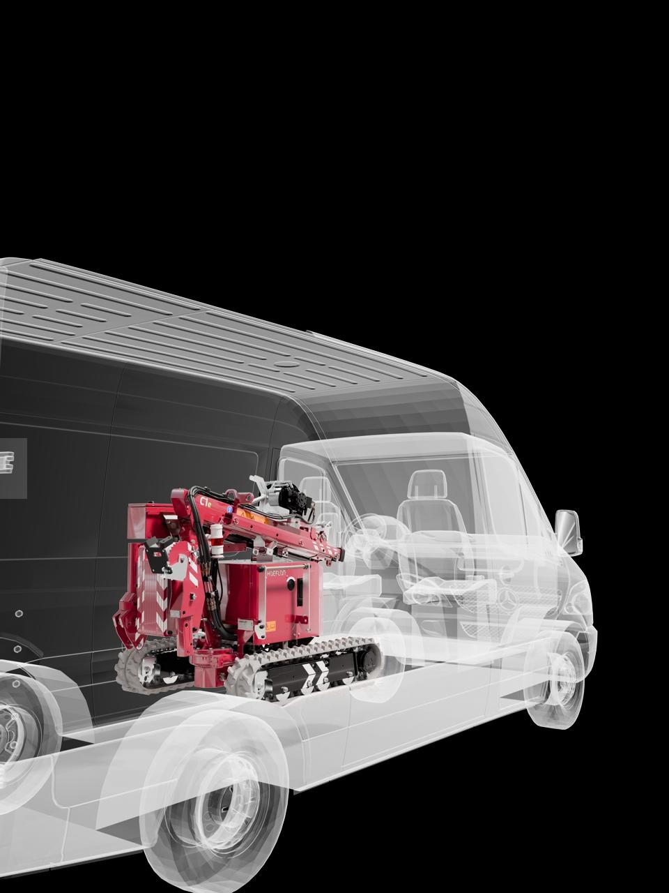 Bild des Hoeflon C1 Krans in einem Transporter.