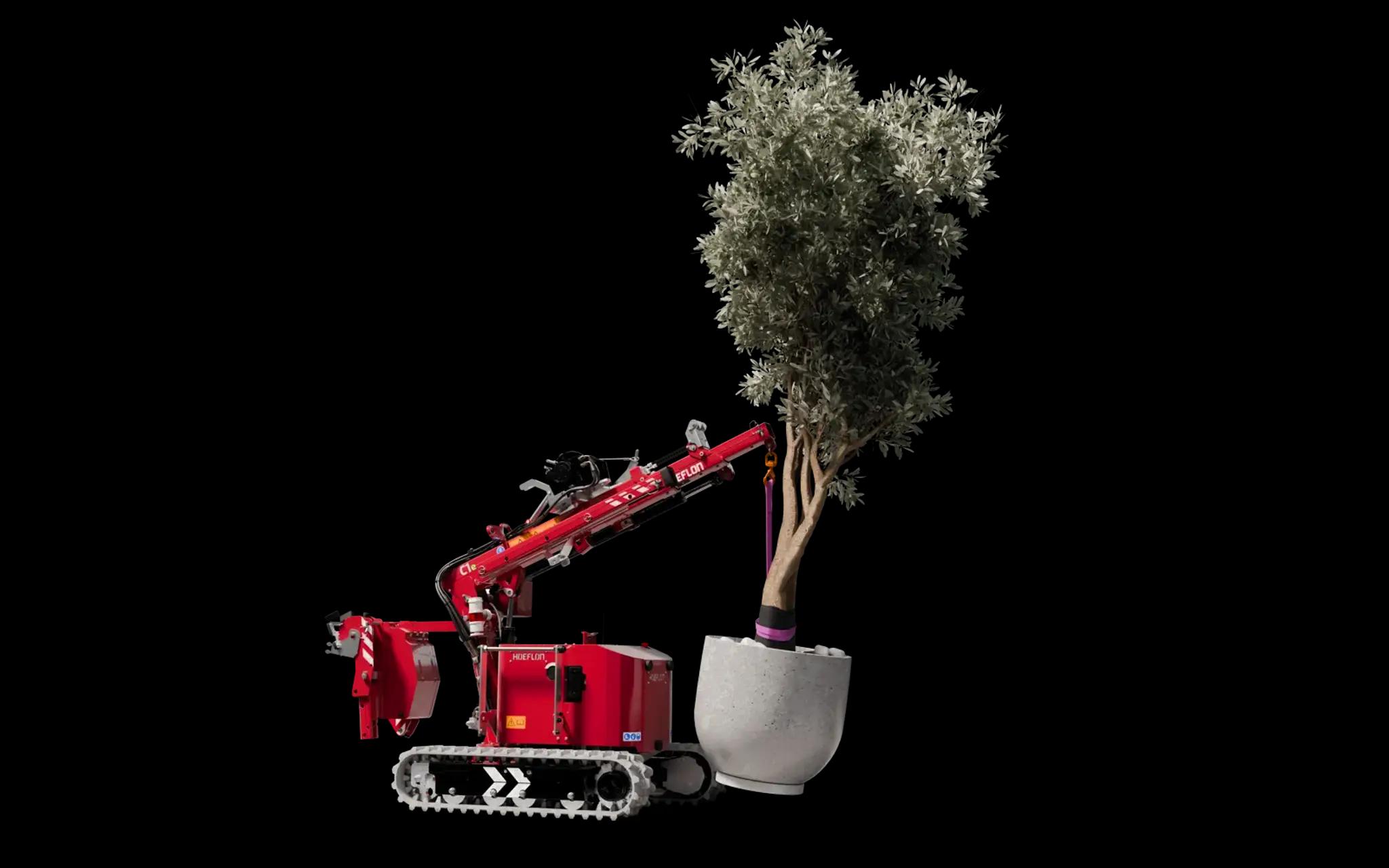 Bild des Hoeflon C1 Krans im Pick-and-Carry-Modus mit einem Olivenbaum.