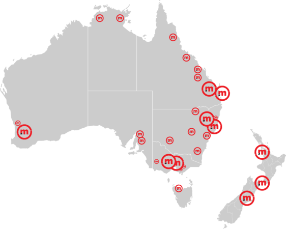 Karte von Australien und Neuseeland mit markierten Standorten.