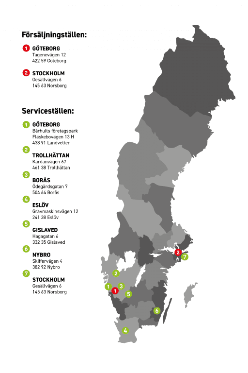 Karte von Schweden mit Verkaufs- und Servicepunkten von Hoeflon.